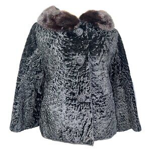 Vintage 60s Black Karakul Lamb Swing Coat Size Mink Collar Mod Glam Luxurious